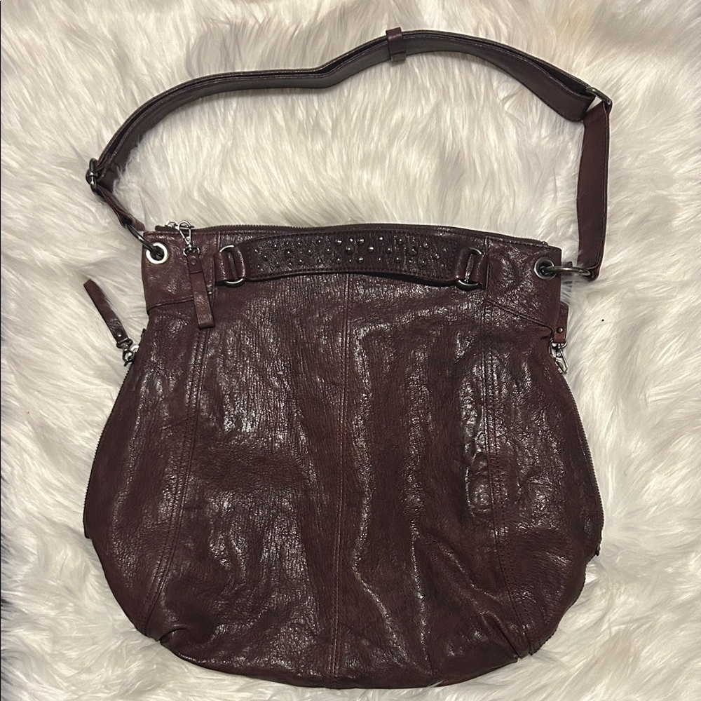 Banana Republic Elegant Brown Leather Shoulder Bag with Side Zippered Pockets.